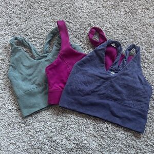 Set of Three Ribbed Sports Bras in Pink, Purple, and Green, size small